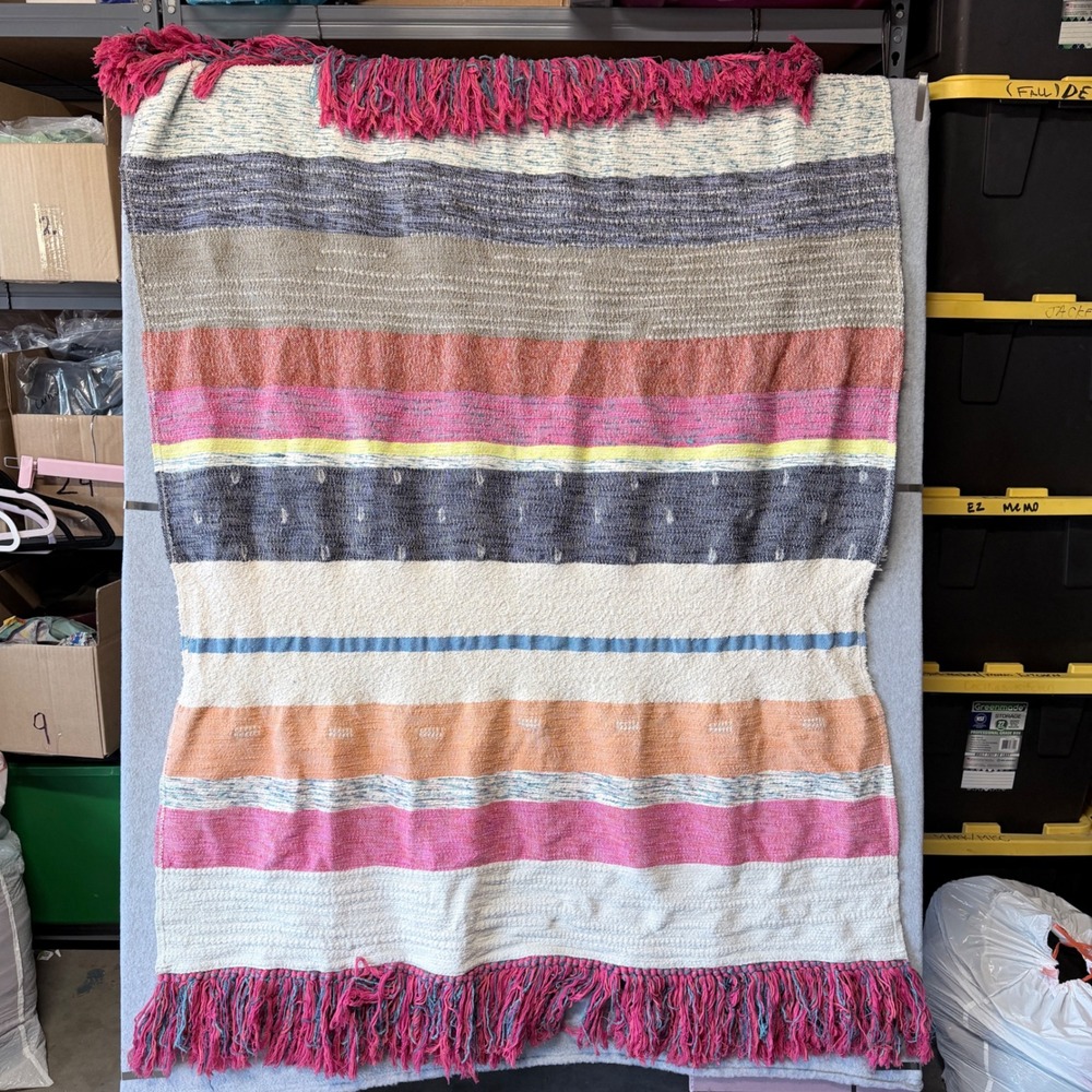 Anthropologie Textured Striped Throw Blanket Multi Color Boho Fringe 50x60 - Picture 2 of 5